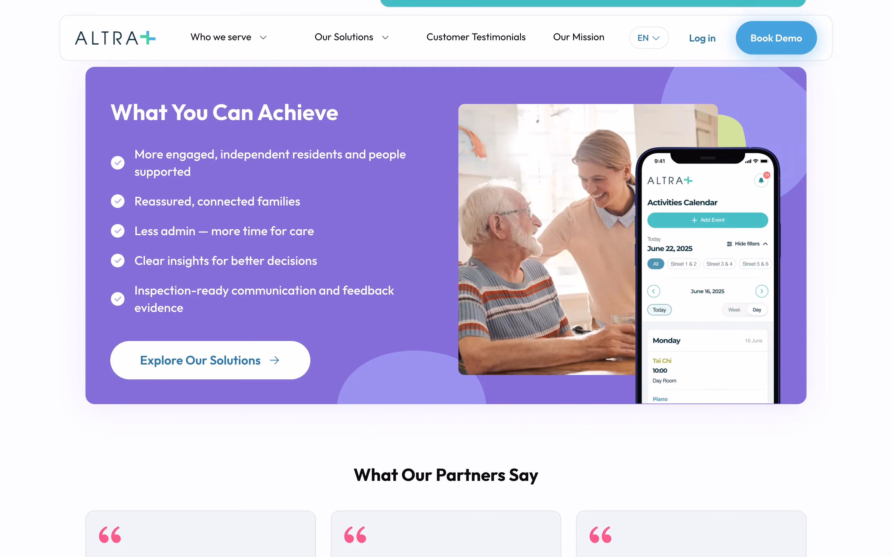 'What You Can Achieve': five outcomes for care services beside a carer, a resident and a phone showing an activities calendar (opens full size).