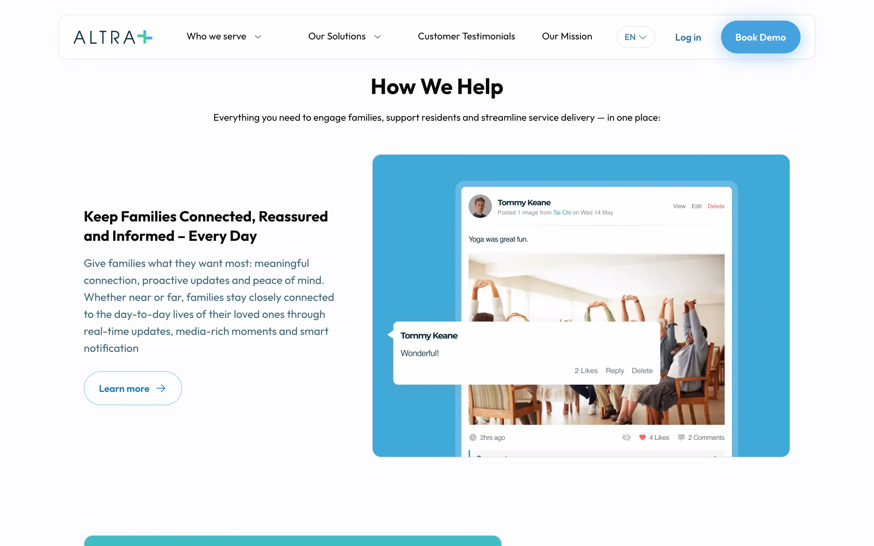 'Keep Families Connected, Reassured and Informed – Every Day', beside a family-feed post with a chair-yoga photo (opens full size).