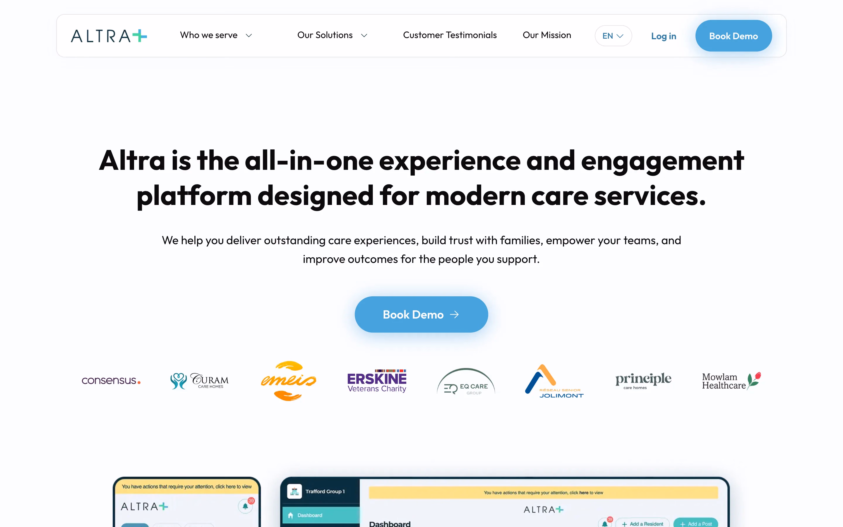 Altra's home page: 'Altra is the all-in-one experience and engagement platform designed for modern care services', a Book Demo button and a row of care-group client logos.
