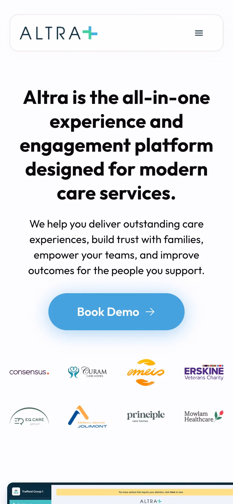The same page on a phone, the headline over five lines above the client logos.
