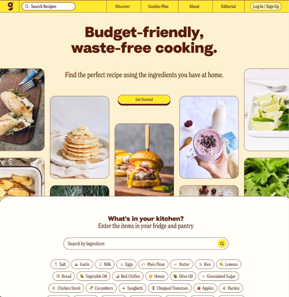 Gumbo's home page: a headline about cooking on a budget, with a search-by-ingredient box and chips such as garlic, rice and eggs (opens full size).