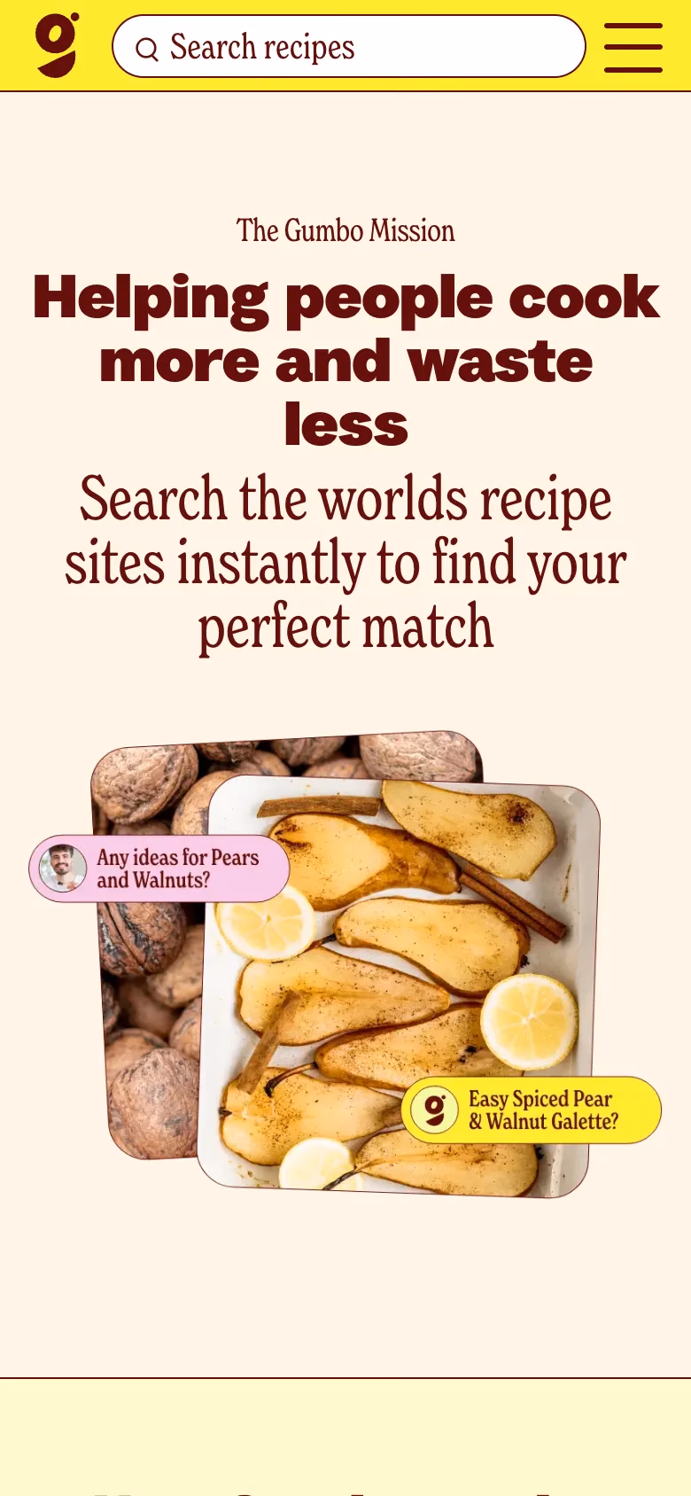 The same page on a phone, with the search box in the header.