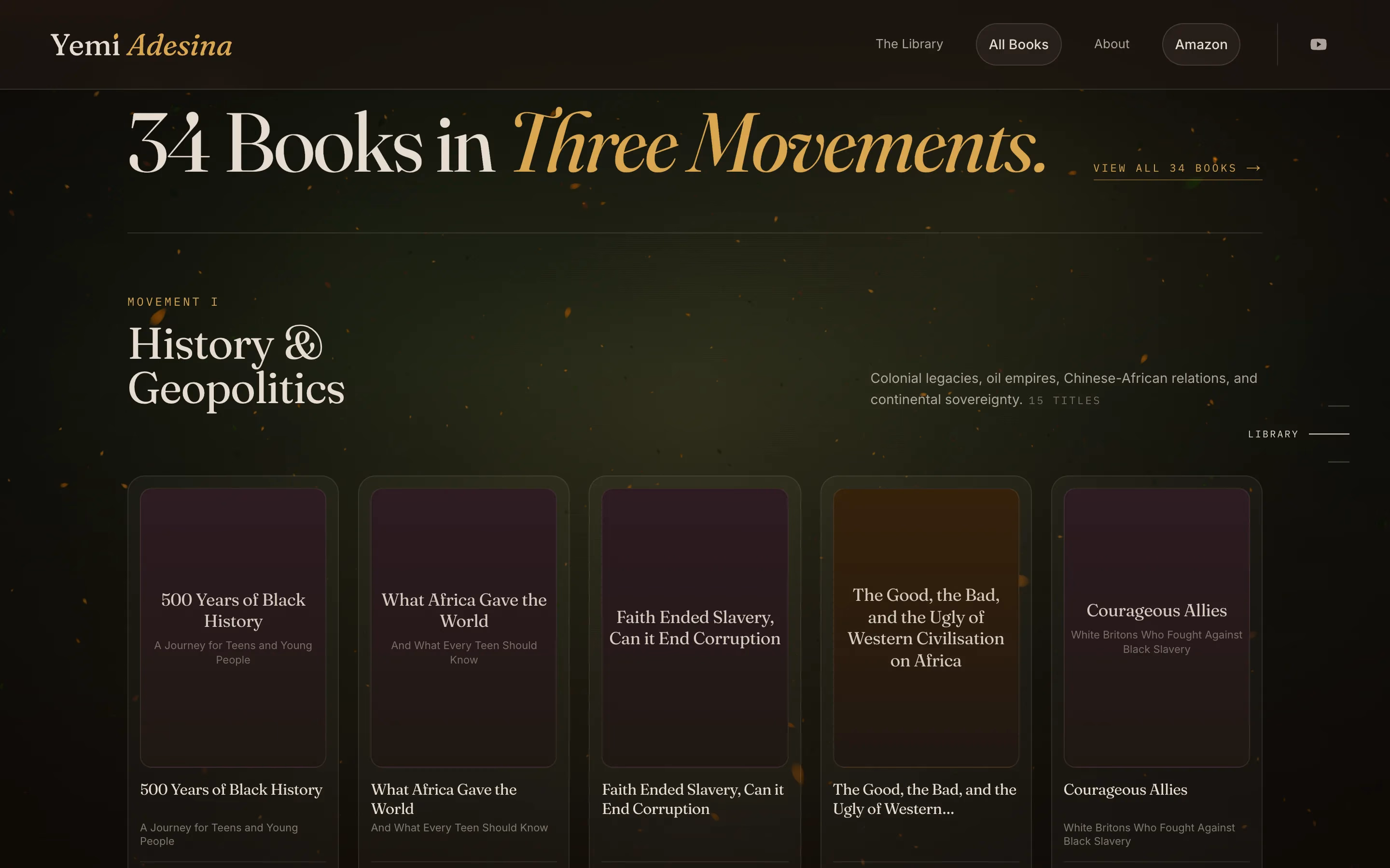 '34 Books in Three Movements': the first theme, History and Geopolitics, with five book cards (opens full size).